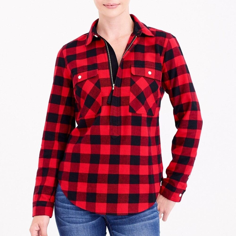 J. Crew Womens Buffalo Check Flannel Shirt L Half Zip Red Navy Cabincore Preppy